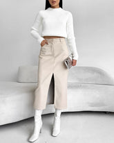 Falda vintage de piel sintética con abertura delantera y forro